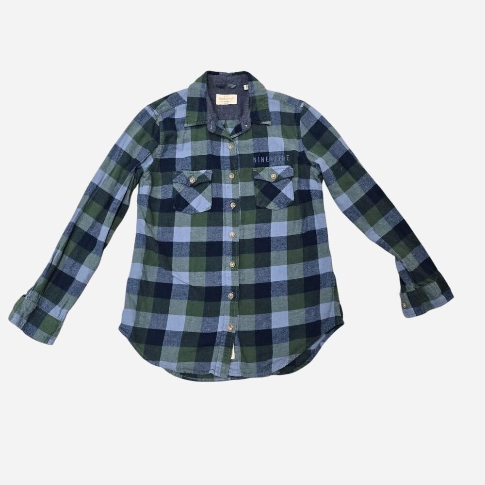 Weatherproof Vintage Nine-Line Flannel Shirt Women S Plaid Button Up Blue Green